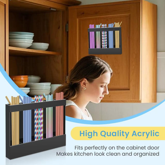 Acrylic Straw Holder for Cabinet, Reusable Straw Organizer with Double Sided Adhesive Tape Tumbler Straws Storage Container for Cupboard Drinking Straws Dispenser for Kitchen Counter (Transparent)