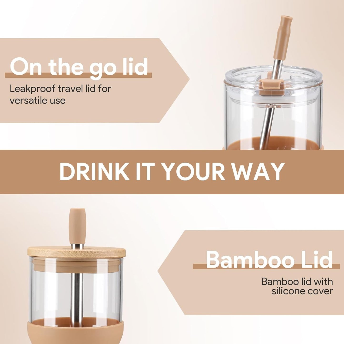 Glass Tumbler with Lids and Straws, 20 oz Iced Coffee Cup and Smoothie Cup with Bamboo Lid and On the go Lid,Glass Cups With Straws