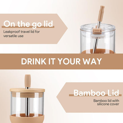 Glass Tumbler with Lids and Straws, 20 oz Iced Coffee Cup and Smoothie Cup with Bamboo Lid and On the go Lid,Glass Cups With Straws