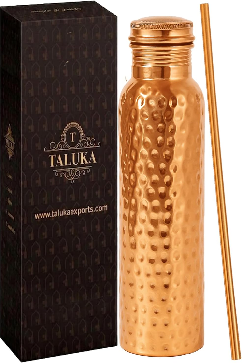 Taluka 100% Real Pure Copper Water Bottle For Drinking 34 OZ/1000 ML Hammered Copper Bottle With Straw Handcrafted Leak Proof Design Ayurveda Health Benefits For Yoga Office Travel Gym