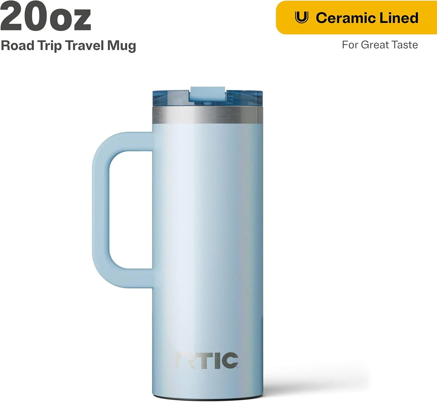 RTIC 20oz Road Trip Travel Mug with Lid and Handle, Ceramic Lined, Insulated, Stainless Steel, Metal, Double Wall Vacuum-Insulation, Portable Coffee, Tea Cup for Hot and Cold Drink, Black