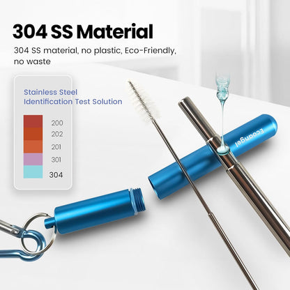 Ecoangel Cruise Ship Essentials,4-Pack reusable Collapsible Stainless Steel Drinking Straws with Aluminum Case,Cleaning Brush,and Keychains-Silver,Blue,Red,Green