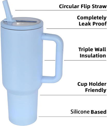40 oz Insulated Tumbler with Handle,Flip Straw,Lid & Rubber Base Stainless Steel Water Bottle - Leak Proof Vacuum Insulated Mug BPA Free Reusable Travel Cup Gifts for Women/Men (light blue)
