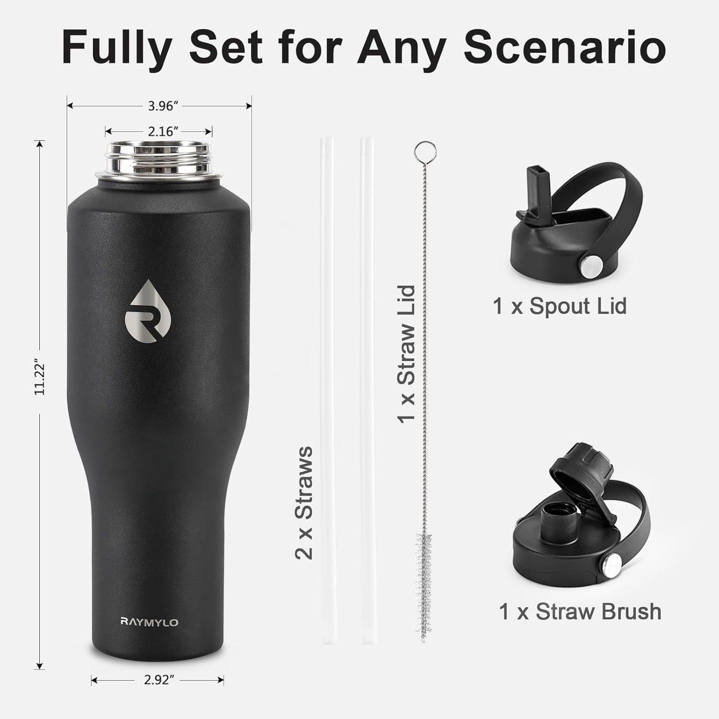 RAYMYLO 40 oz Insulated Water Bottle with Straw fit in Car Cup Holder, Triple Wall Vacuum Stainless Steel(Cold 48 hrs, Hot 24 hrs), Leakproof & Non-BPA, Hydro Travel Flask with Straw and Spout Lid