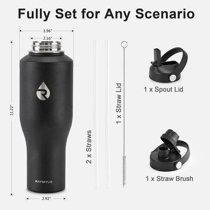 RAYMYLO 40 oz Insulated Water Bottle with Straw fit in Car Cup Holder, Triple Wall Vacuum Stainless Steel(Cold 48 hrs, Hot 24 hrs), Leakproof & Non-BPA, Hydro Travel Flask with Straw and Spout Lid