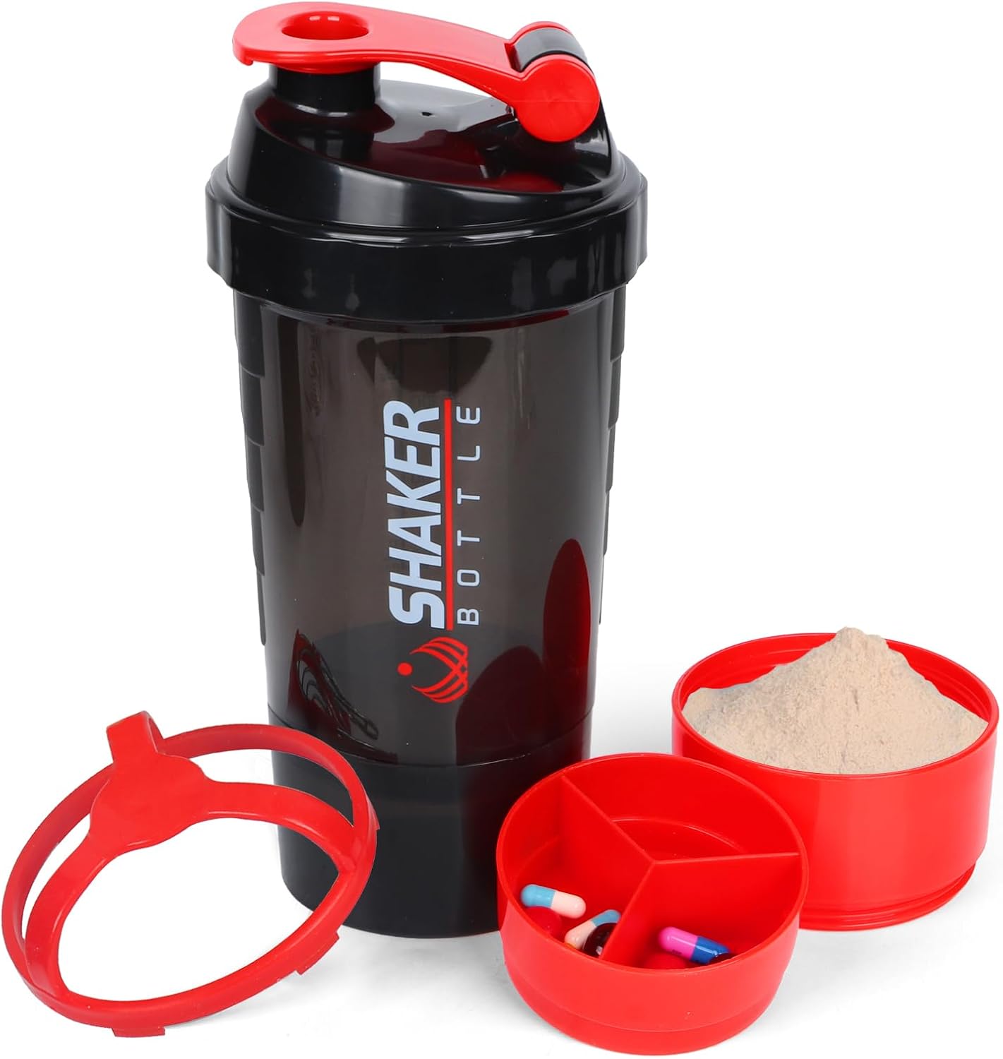 XTK Shaker Bottle 16OZ Protein Shaker Bottles with Mix Ball Sports Water Bottle Leak Proof GYM Cup for Protein Mixes with Powder Storage & Pill Organizer, Ideal for Pre Workout,BPA Free(black)