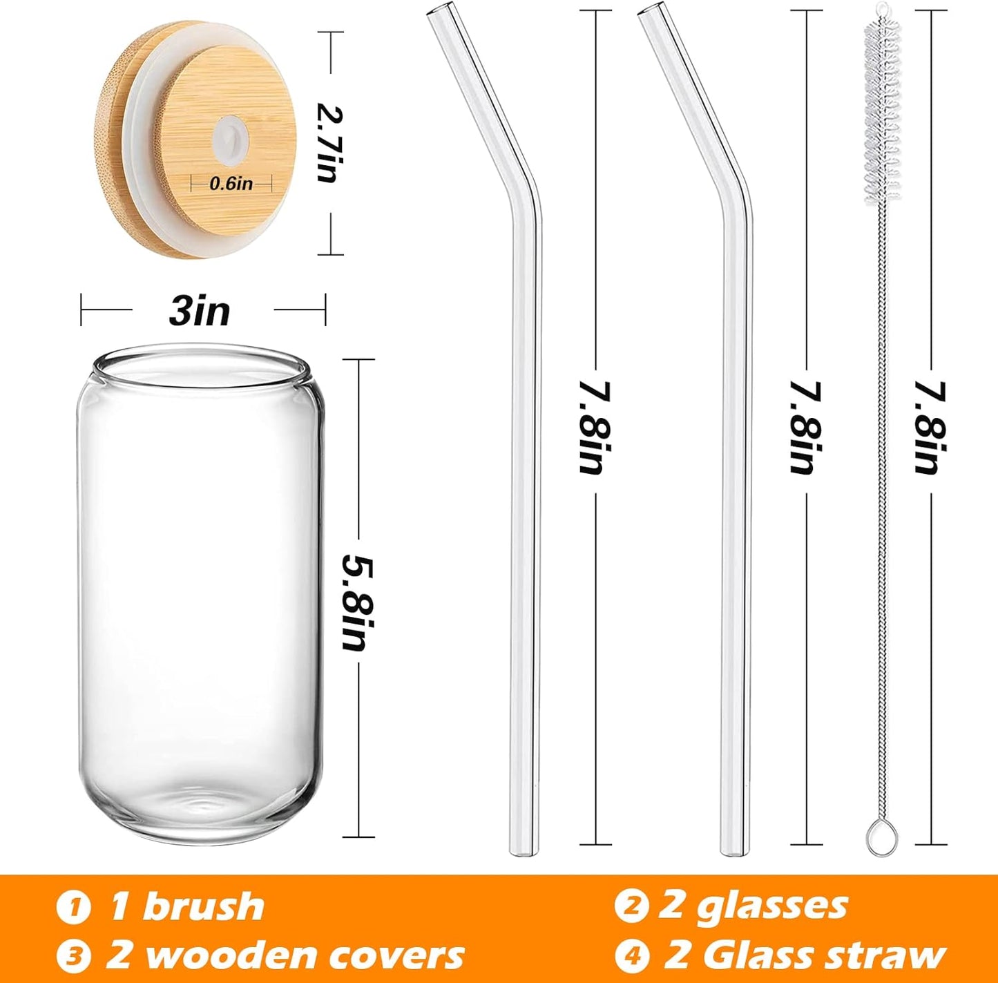 WISIMMALL Drinking Glasses with Bamboo Lids and Glass Straw 2PCS Set, 16oz Glass Cups with Lids and Straws, Beer, Iced Coffee Glasses, Soda, Gift 1 Cleaning Brushes
