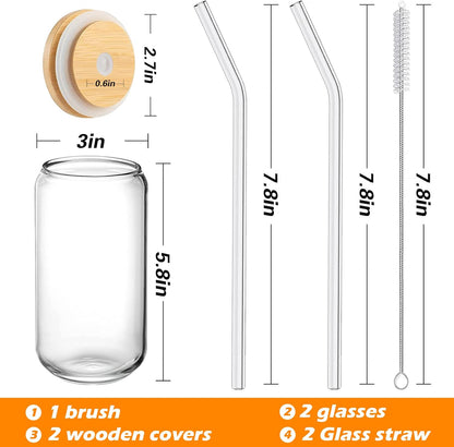 WISIMMALL Drinking Glasses with Bamboo Lids and Glass Straw 2PCS Set, 16oz Glass Cups with Lids and Straws, Beer, Iced Coffee Glasses, Soda, Gift 1 Cleaning Brushes