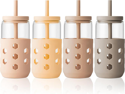 Mrsdry Glass Cups with Lids and Straws (4 Pcs), 16oz Drinking Glasses Set with Silicone Sleeves for Coffee Bar Accessories Iced Coffee Cups with Lids, Glass Tumbler Reusable for Gifts