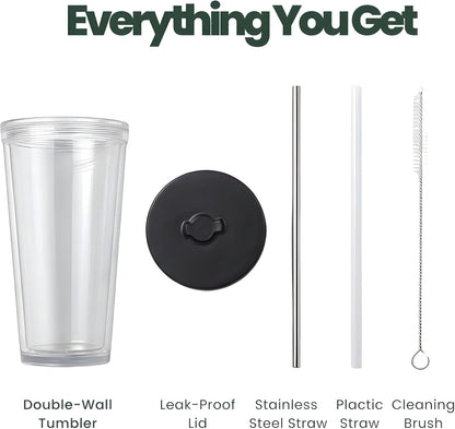 Reusable Iced Coffee Cup with Lid and Straw, 24 oz/Venti, BPA-Free Double-Wall Insulated Plastic Tumbler for Cold Drinks, Includes Clear Plastic Straw, Stainless Steel Straw and Cleaning Brush, White