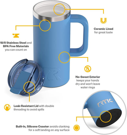 RTIC 20oz Road Trip Travel Mug with Lid and Handle, Ceramic Lined, Insulated, Stainless Steel, Metal, Double Wall Vacuum-Insulation, Portable Coffee, Tea Cup for Hot and Cold Drink, Black