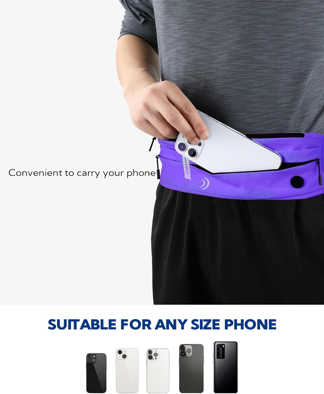 WATERFLY Running Belt Fanny Pack: Runner Marathon Jogging Waist Pack Sport Workout Exercise Fitness Phone Holder Belt for Men Women Jogger Slim Waist Bag Black