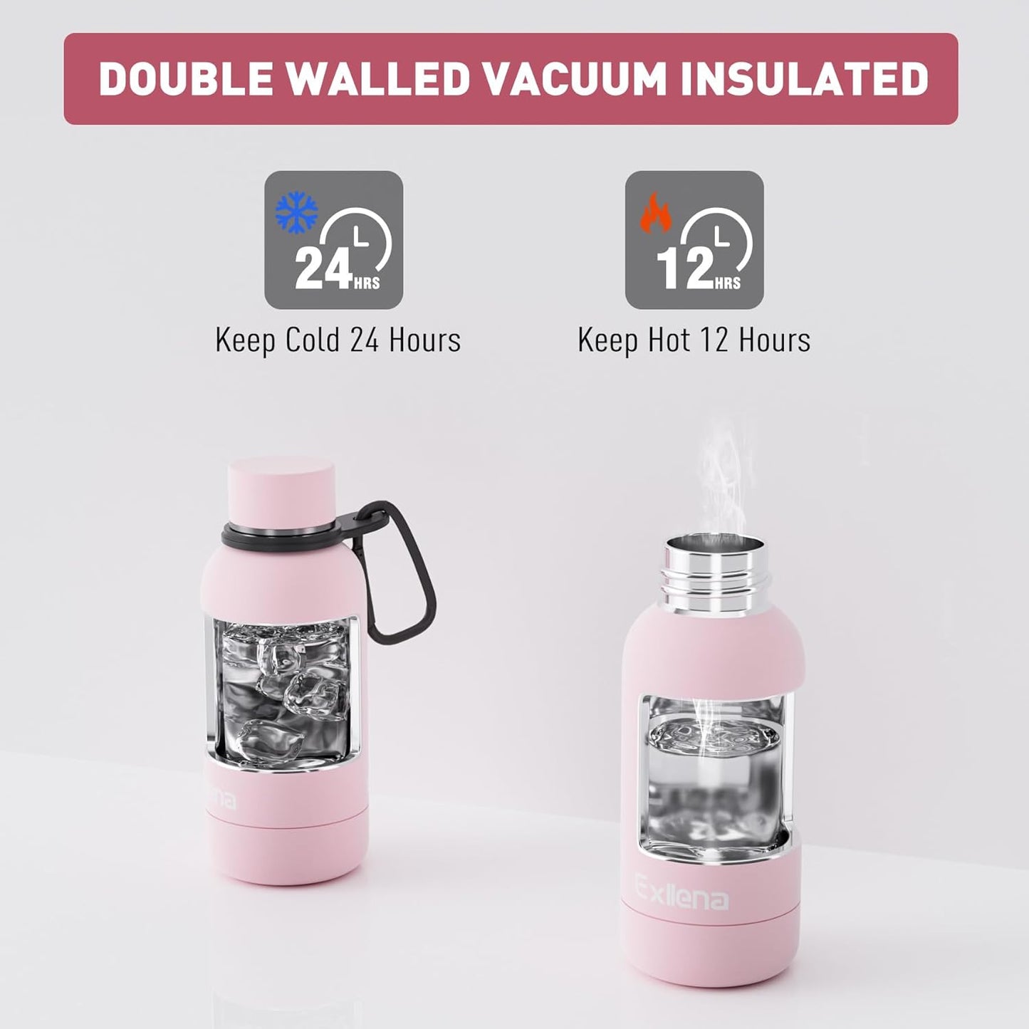 Exllena Slim Insulated Water Bottles for Travel 18oz with Clip, Double Wall Vacuum Stainless Steel Water Bottle Keeps Drinks Cold 24 Hrs/Hot 12 Hrs, 100% Leakproof, BPA Free(Black)