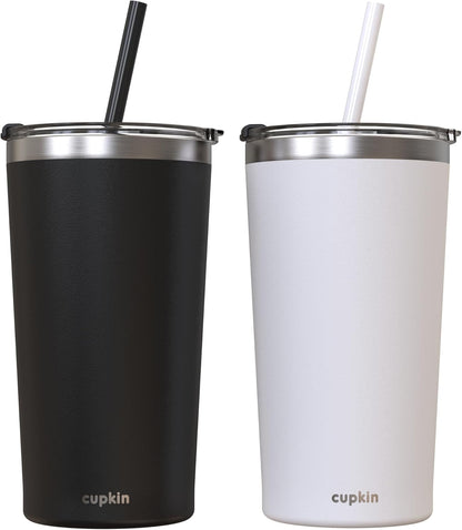 CUPKIN Stainless Steel Insulated Tumbler with Lid and Straw, 20 oz Stainless Steel Cups, Set of 2 Travel Coffee Mug for Adults, Iced Coffee Cup with Lid, Tumbler for Travel (Coral + Yellow)