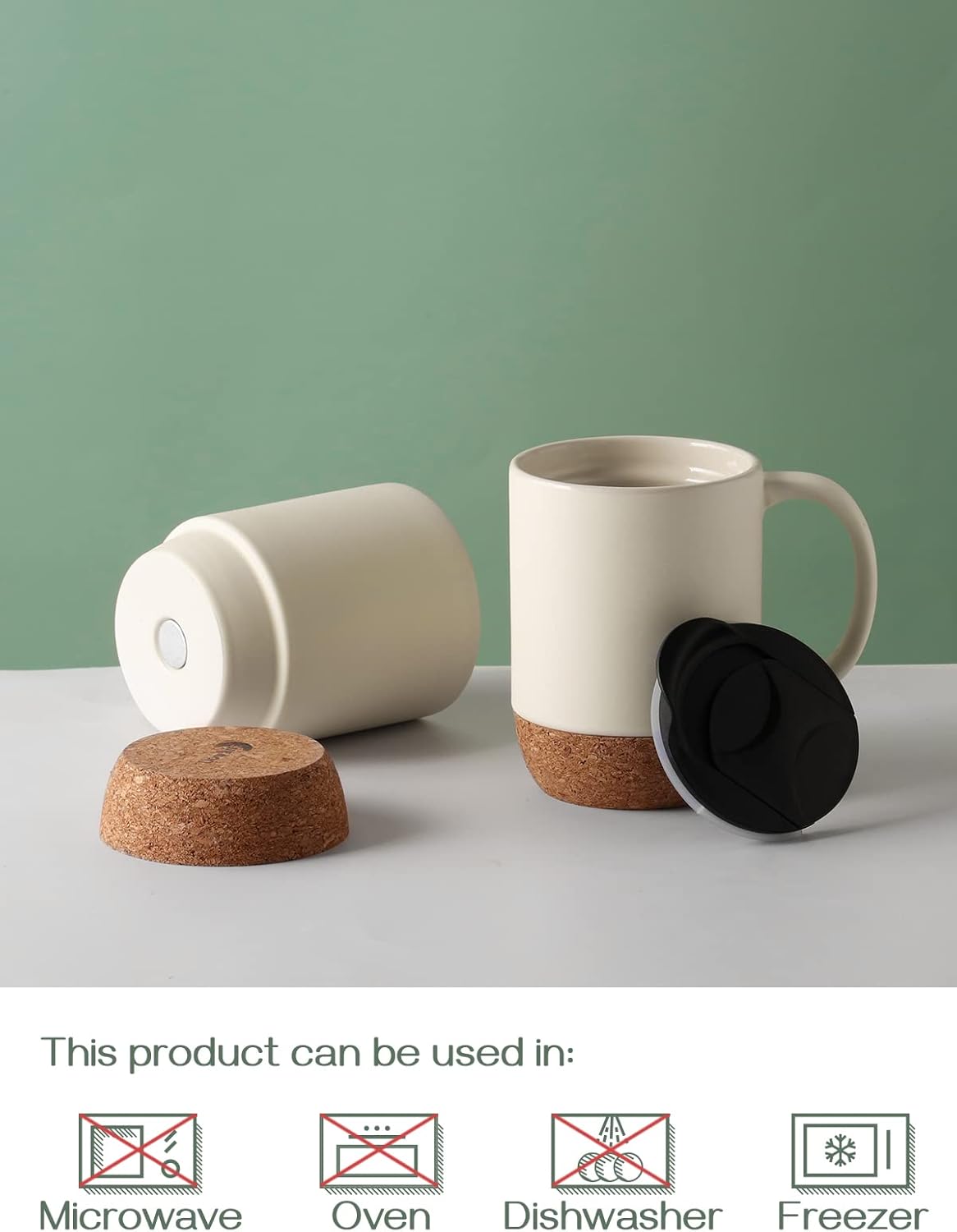 DOWAN Coffee Mugs, 15 oz Mug Set of 2, Large Ceramic Coffee Mug with Cork Bottom and Spill Proof Lid for Mom Dad, Big Mug for Latte Tea, Matte Grey