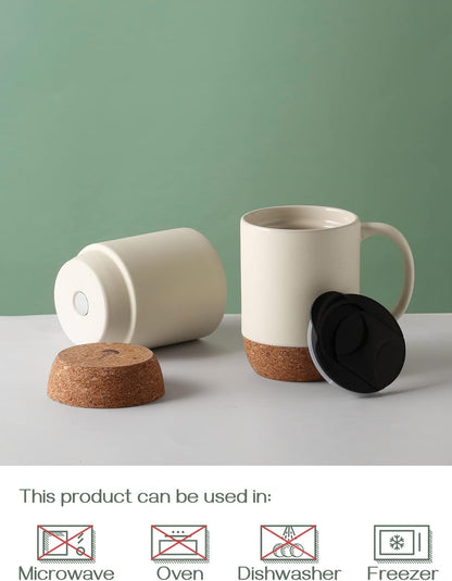 DOWAN Coffee Mugs, 15 oz Mug Set of 2, Large Ceramic Coffee Mug with Cork Bottom and Spill Proof Lid for Mom Dad, Big Mug for Latte Tea, Matte Grey