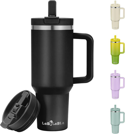 Labulabla 40oz Stainless Steel Insulated Tumbler with Flip Straw, 2-in-1 Lid, 100% Leakproof, Cup Holder Friendly, Handle, BPA-Free (light pink, 40, ounces)