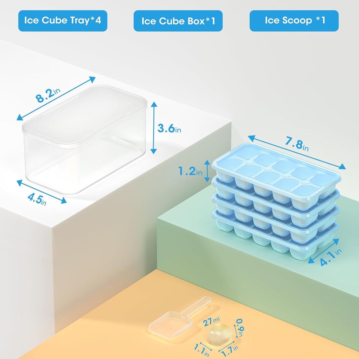 DOQAUS Ice Cube Tray with Lid and Bin - 4 Pack Silicone Ice Cube Trays for Freezer, Stackable Ice Bucket Kits with Storage Container & Scoop for Kitchen, RV, Cocktail, Coffee