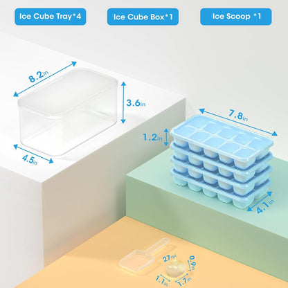 DOQAUS Ice Cube Tray with Lid and Bin - 4 Pack Silicone Ice Cube Trays for Freezer, Stackable Ice Bucket Kits with Storage Container & Scoop for Kitchen, RV, Cocktail, Coffee