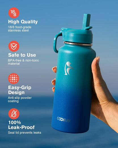 Half Gallon Water Bottle Insulated with Straw & 3 Lids, Coolflask 64 oz Water Jug Large Metal Stainless Steel Wide Mouth for Sports, Gym or Office, Non-BPA Keep Cold 48H Hot 24H, Samurai Cyan