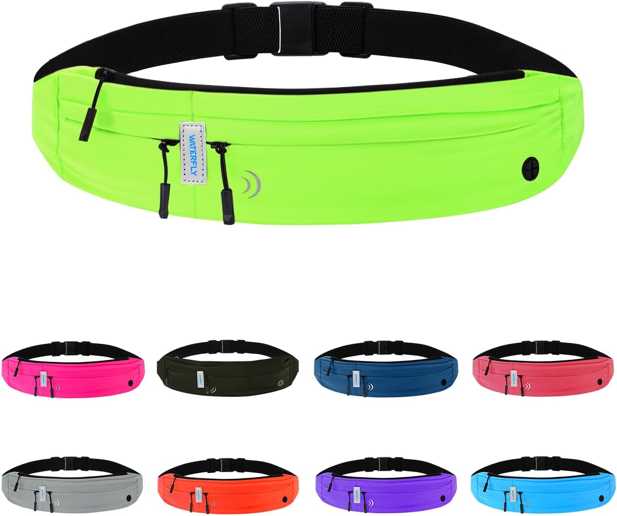 WATERFLY Running Belt Fanny Pack: Runner Marathon Jogging Waist Pack Sport Workout Exercise Fitness Phone Holder Belt for Men Women Jogger Slim Waist Bag Black