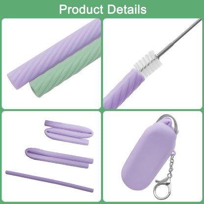 2 Set Silicone Straws with Case, Reusable Travel Straw Cruise Ship Essentials, Foldable Portable Straw + Deep Cleaning Brush + Carry Case with Keychain, for Travel & Party Cold or Hot (Pink & Blue)
