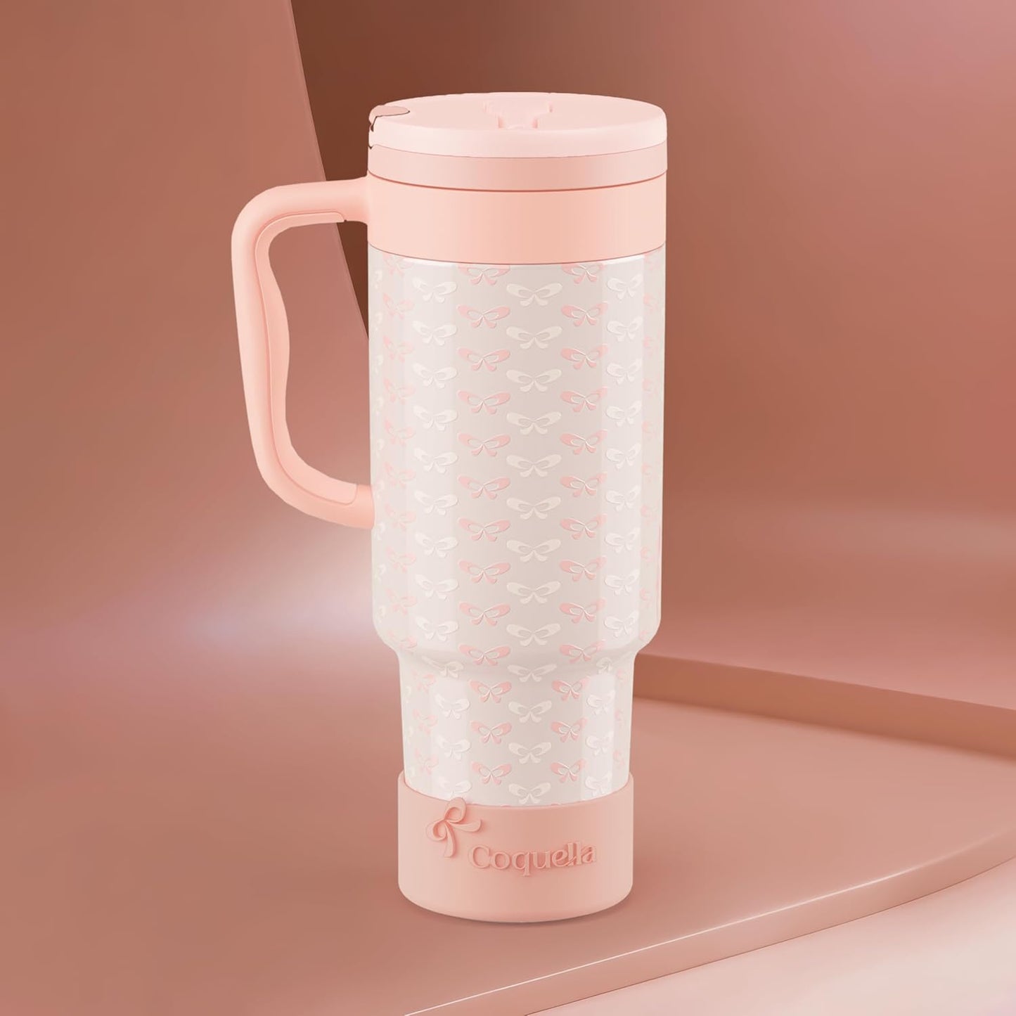 40 oz Insulated Tumbler with Handle and Push-Button Straw Lid, Stainless Steel Travel Cup for Gym Office, Leakproof, BPA-Free, Cup Holder Friendly, Bow Silicone Boot, Purple (Light Lilac)
