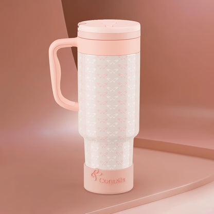 40 oz Insulated Tumbler with Handle and Push-Button Straw Lid, Stainless Steel Travel Cup for Gym Office, Leakproof, BPA-Free, Cup Holder Friendly, Bow Silicone Boot, Purple (Light Lilac)