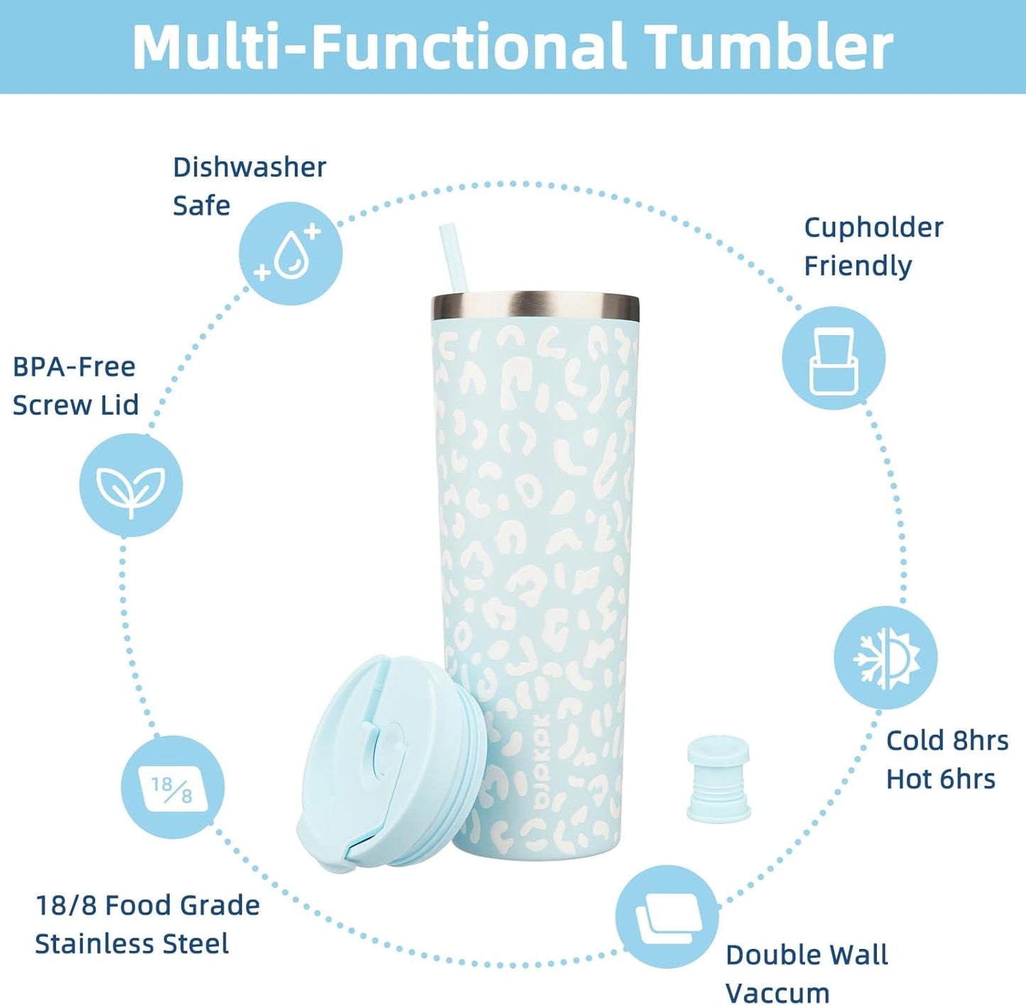 BJPKPK 22oz Insulated Tumbler With lid And Straw Stainless Steel Tumblers Travel Coffee Mug Reusable Thermal Cup,Sky