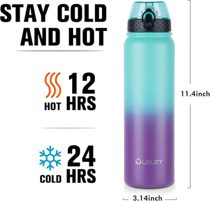 Oldley Insulated Water Bottle 20oz for Adults Kids Stainless Steel Water Bottles with Straw/Chug/Carabiner 3 Lids Fruit Strainer Double Wall Vacuum Wide Mouth BPA Free Leak-Proof for School Travel