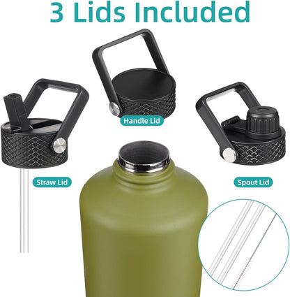 Konokyo 22oz Stainless Steel Bottles with 3 Lids Sport Insulated Water Bottle,Mint