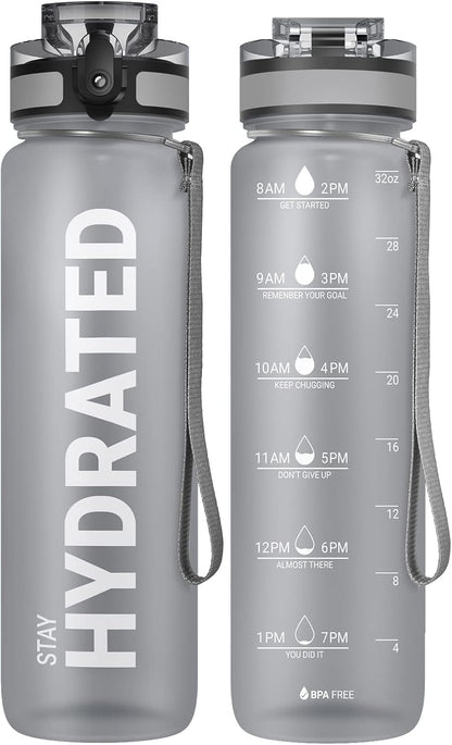 Sahara Sailor Water Bottle 32oz, Durable and Leakproof Water Bottles Motivational with Time Marker, Tritan, BPA Free, Wide Mouth with Easy Clean Brush for Gym, Travel, Home, School, Office (1 Bottle)