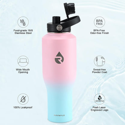RAYMYLO 40 oz Insulated Water Bottle with Straw fit in Car Cup Holder, Triple Wall Vacuum Stainless Steel(Cold 48 hrs, Hot 24 hrs), Leakproof & Non-BPA, Hydro Travel Flask with Straw and Spout Lid