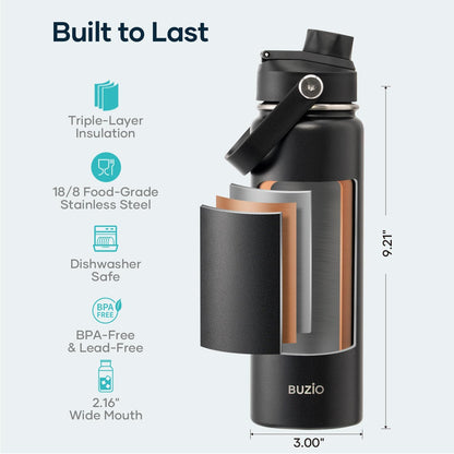 BUZIO 40oz Insulated Water Bottle, Triple Wall Vacuum Stainless Steel Water Flask with 2 lids, Lead-Free BPA-Free Straw Lid Sports Canteen Jug, Cold 48H & Hot 24H- Black - Colors A