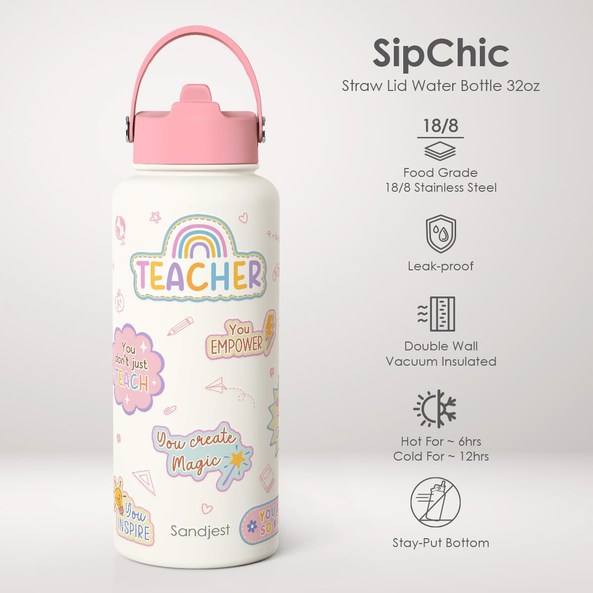 SANDJEST Pickleball Gift for Women, Water Bottle Stainless Steel 32oz with Lid & Straw, Sport Insulated Bottles Gifts for Girls Friends Teens Birthday Christmas
