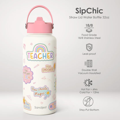 SANDJEST Pickleball Gift for Women, Water Bottle Stainless Steel 32oz with Lid & Straw, Sport Insulated Bottles Gifts for Girls Friends Teens Birthday Christmas