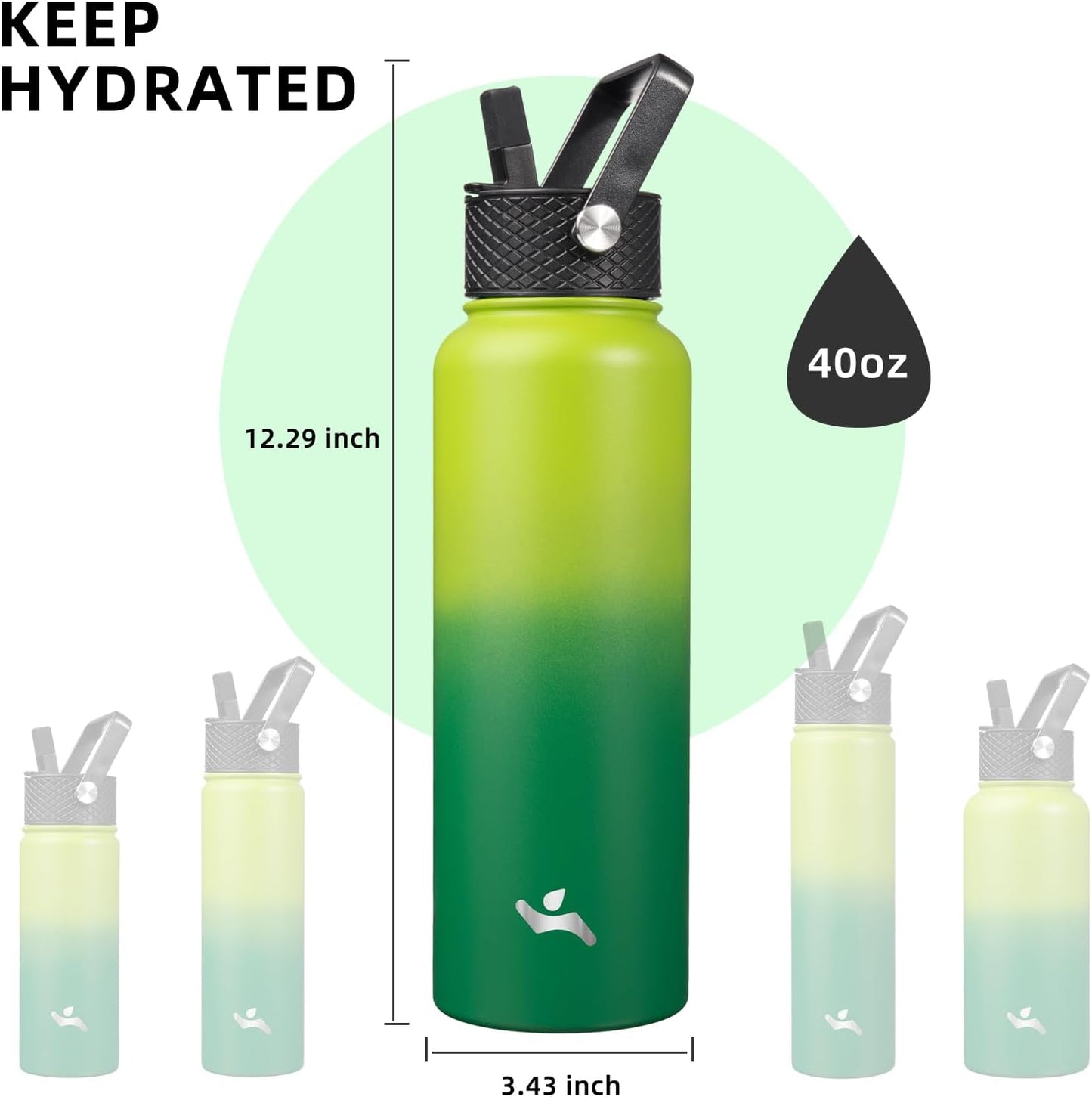 Konokyo 22oz Stainless Steel Bottles with 3 Lids Sport Insulated Water Bottle,Mint