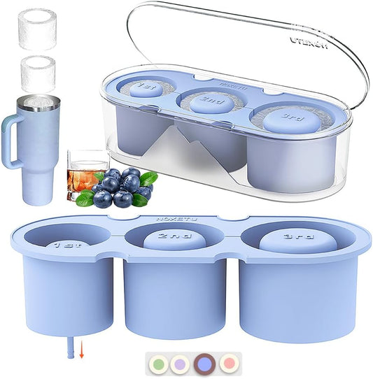 Ice Mold for Stanley Cup 30/40 Oz - Easy Fill and Release Without Touching Ice, Silicone Ice Cube Tray with Clear Lid and Bin for Freezer, Whiskey, Cocktail (Blue)
