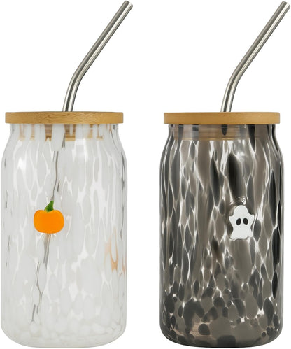 Honeydak 2 Pcs Icon Juice Glass Tumbler with Lid & Straw - 18 oz Cloud and Sun Icon Can Shape Glass Cups Coffee Juice Beer Soda Drinking Cup for Summer Halloween Christmas Party Supplies Gift