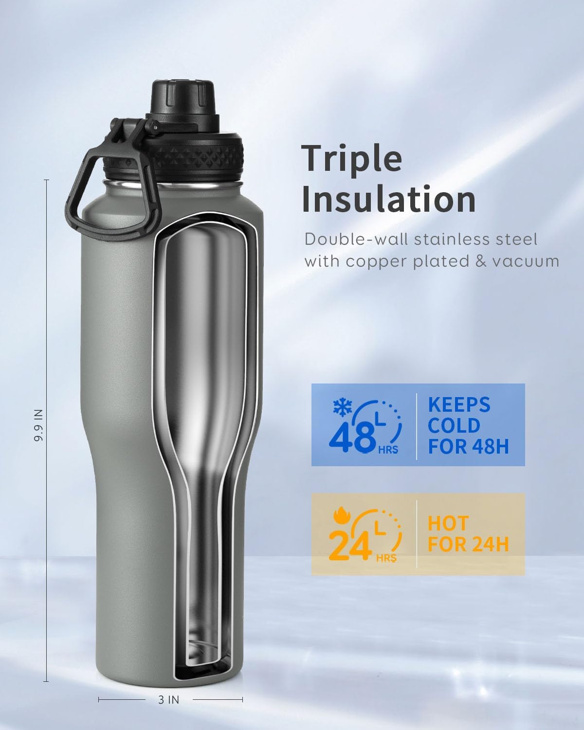Trebo 40 oz Water Bottle Insulated Fit Car Cup Holder with Handle, Stainless Steel Water Bottles Tumbler with Spout Straw Lids, Double Wall Travel Reusable Flask, Leakproof Mug,Keep Cold &Hot,Black