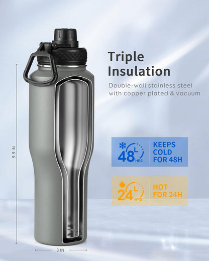 Trebo 40 oz Water Bottle Insulated Fit Car Cup Holder with Handle, Stainless Steel Water Bottles Tumbler with Spout Straw Lids, Double Wall Travel Reusable Flask, Leakproof Mug,Keep Cold &Hot,Black