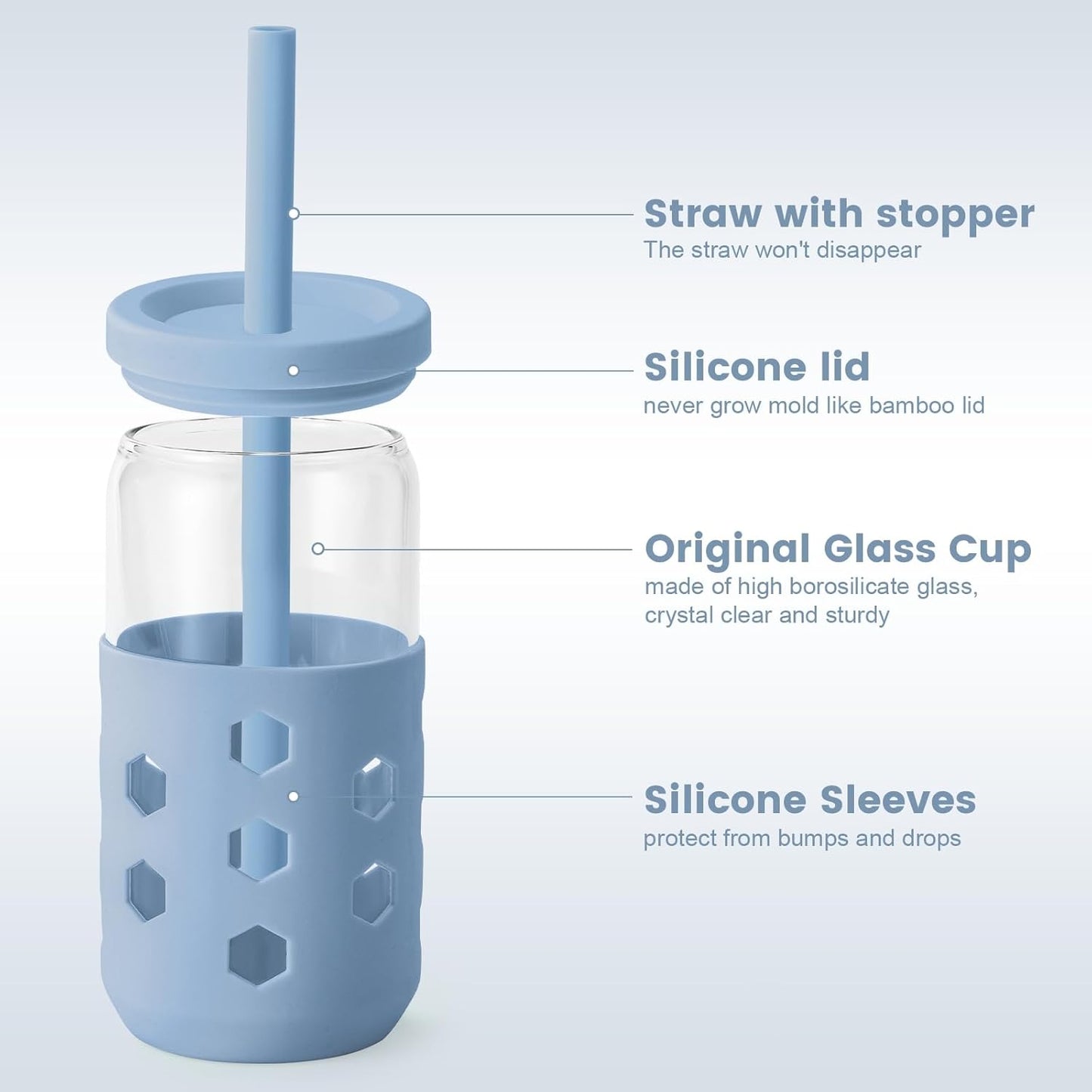 Mrsdry Glass Cups with Lids and Straws (4 Pcs), 16oz Drinking Glasses Set with Silicone Sleeves for Coffee Bar Accessories Iced Coffee Cups with Lids, Glass Tumbler Reusable for Gifts
