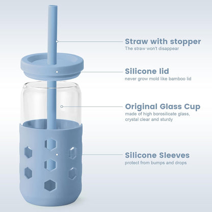 Mrsdry Glass Cups with Lids and Straws (4 Pcs), 16oz Drinking Glasses Set with Silicone Sleeves for Coffee Bar Accessories Iced Coffee Cups with Lids, Glass Tumbler Reusable for Gifts