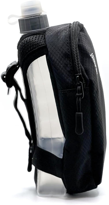 Handheld Running Water Bottle with Large Phone Holder – 12oz Grip-Free Hydration Flask with Pocket for Cards & Keys – Adjustable Strap for Walking, Running, Hiking