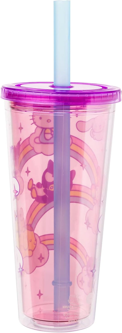 Silver Buffalo Sanrio Hello Kitty and Friends Plastic Boba Tumbler with Lid and Straw Featuring Hello Kitty, Cinnamorroll, Kuromi, My Melody, Badtz Maru, Keroppi, Chococat, and Pompompurin, 24 Ounces