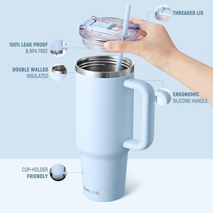 40 oz Tumbler with Handle and Straw Lid,Insulated Reusable Stainless Steel Water Bottle Travel Mug，Cupholder Friendly Double Wall Vacuum Sealed Cup (Black)