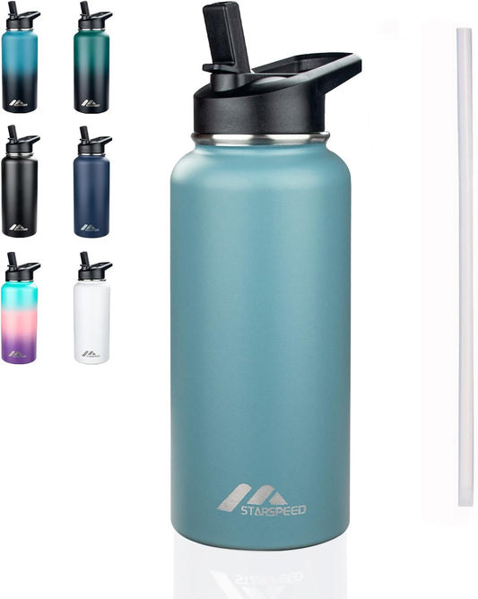 StarSpeed 32oz Insulated Water Bottle with Straw Lid, Stainless Steel Double Walled Vacuum Water Flask, Wide Mouth Sports Water Bottle for Gym Camping Hiking, Indigo Black