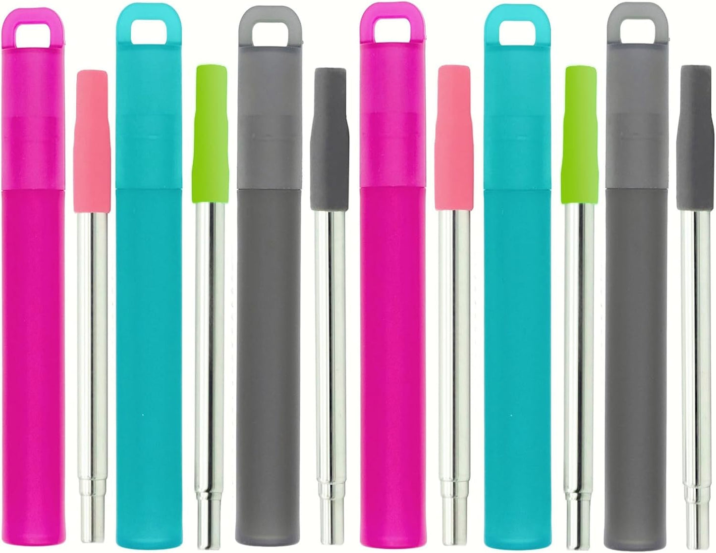 NAIVELY-Metal Reusable Straws 3 Pack Collapsible Portable Stainless Steel Drinking Straw Telescopic Travel Straw, with Case and Cleaning Brush Foldable Pocket Straws