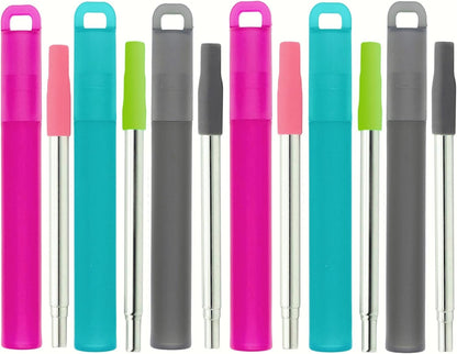 NAIVELY-Metal Reusable Straws 3 Pack Collapsible Portable Stainless Steel Drinking Straw Telescopic Travel Straw, with Case and Cleaning Brush Foldable Pocket Straws