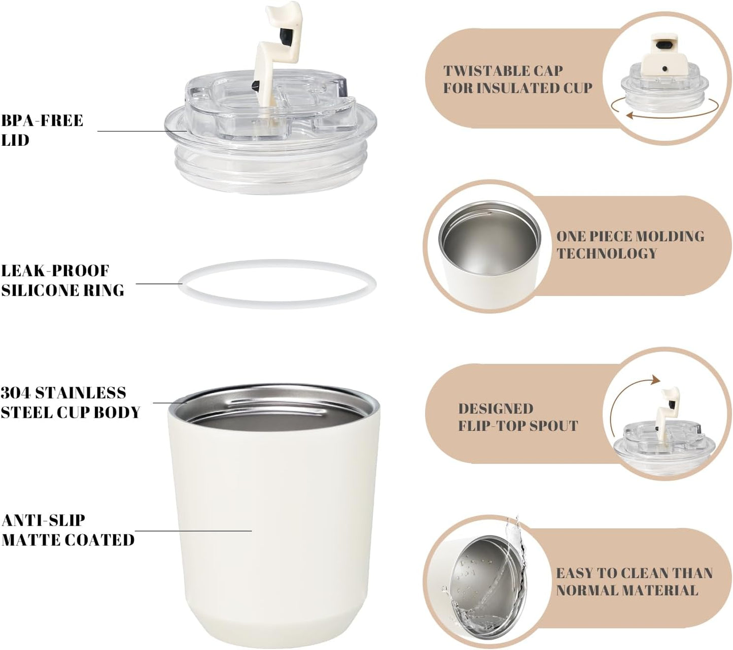 Puraville Insulated Tumblers with Lid, 14 oz Travel Coffee Mug Stainless Steel Vacuum Cup, Leak Proof Reusable Double Walled Coffee Tumbler for Iced and Hot Drinks, Cream
